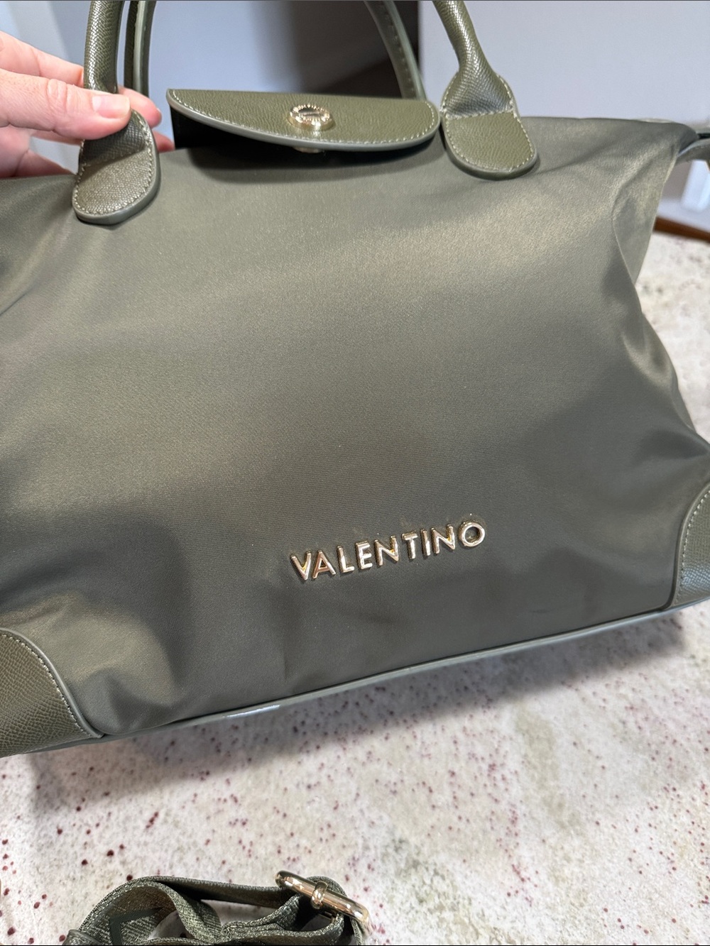 Mario Valentino Olive Nylon Tote with Gold Hardware and Detachable Logo Strap - Picture 3 of 8